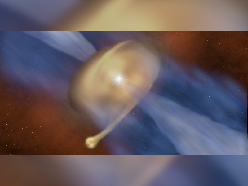 An artist&#039;s impression of the disc of dust and gas surrounding the massive protostar MM 1a, with its companion MM 1b forming in the outer regions.