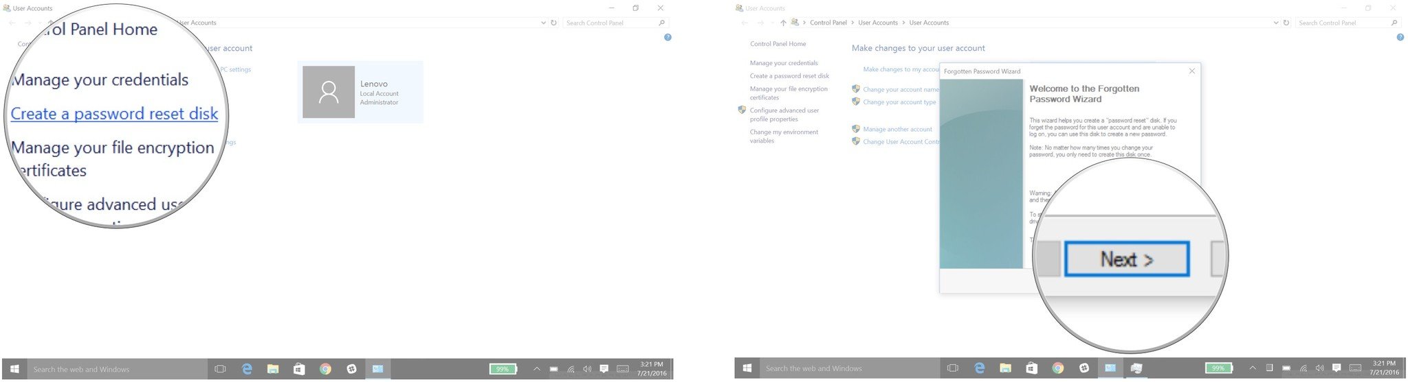 Click on Create a password reset disk and then click on next