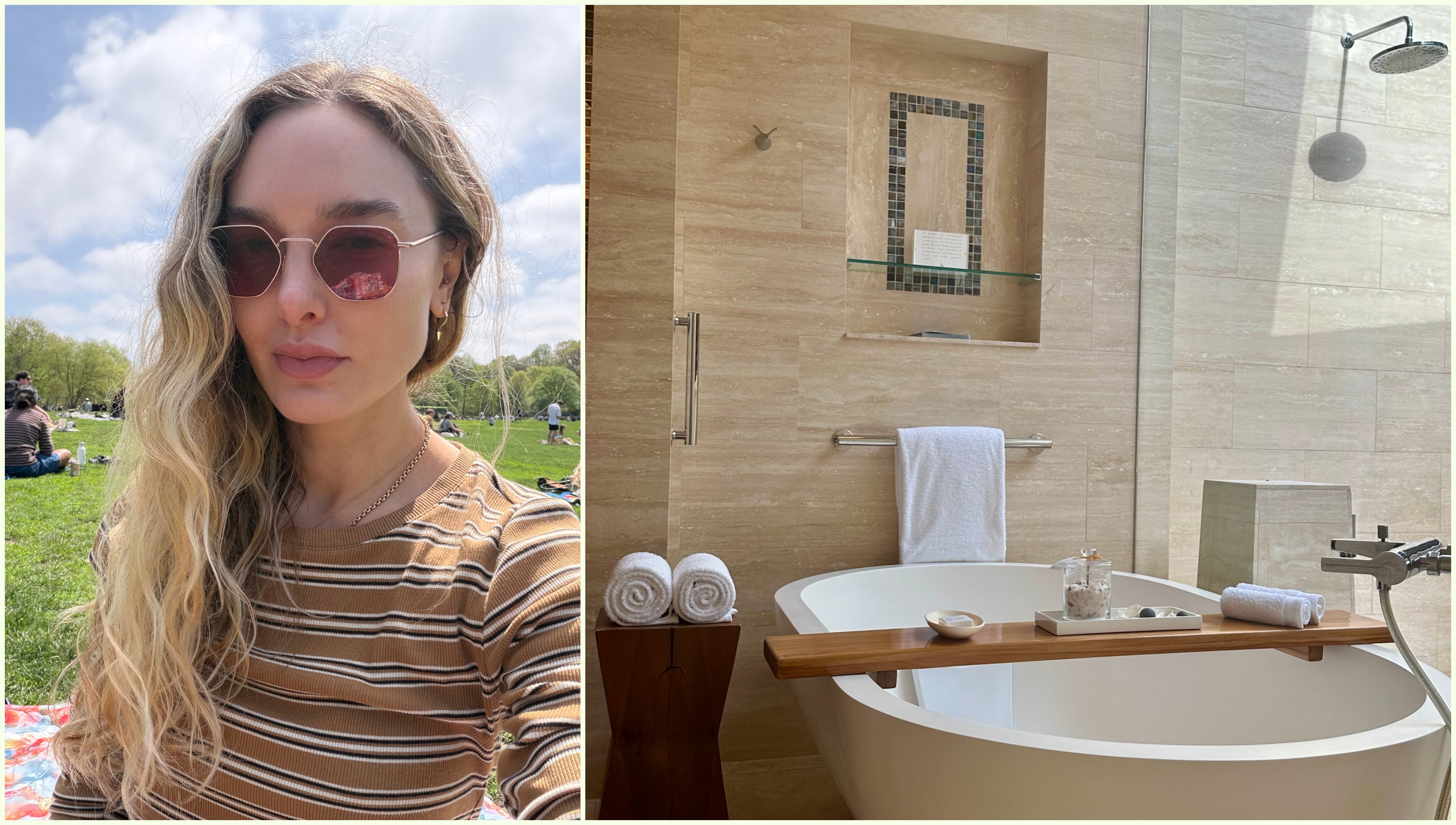 a woman with blonde wavy hair sitting on grass next to a minimalist white tub with a bath board and products
