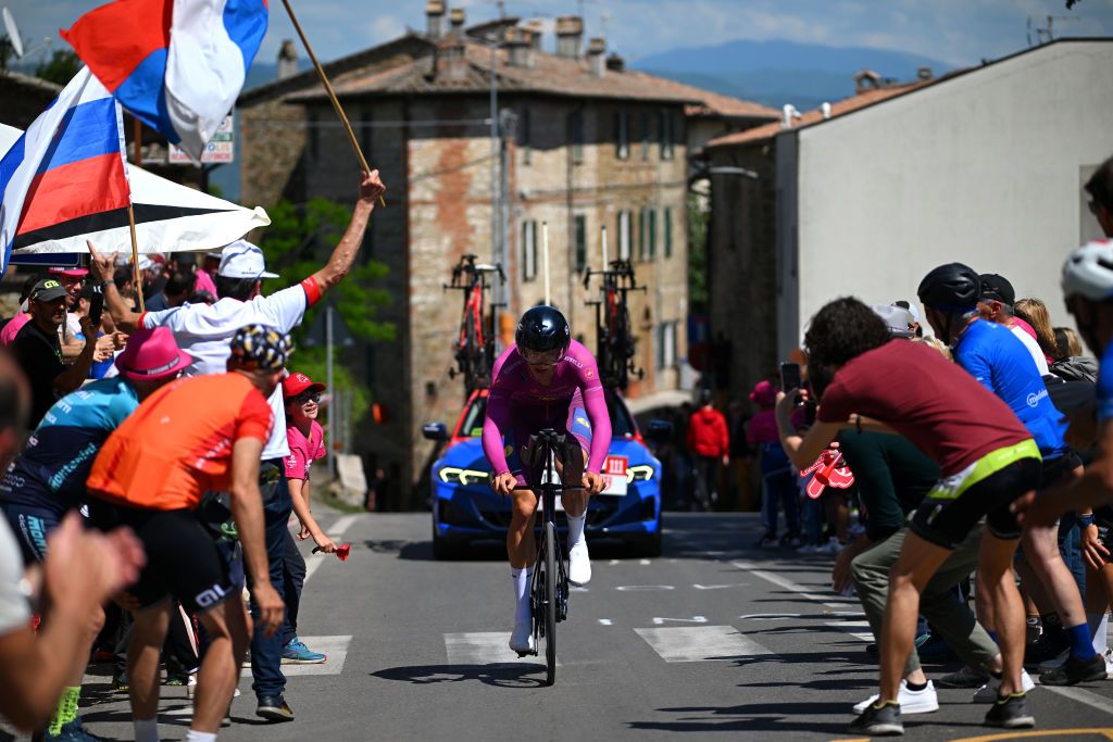 PERUGIA ITALY MAY 10 Jonathan Milan of Italy and Team Lidl Trek Purple Points Jersey sprints during the 107th Giro dItalia 2024 Stage 7 a 406km individual time trial stage from Foligno to Perugia 472m UCIWT on May 10 2024 in Perugia Italy Photo by Dario BelingheriGetty Images