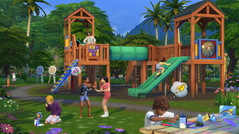 Sim children play in a playpark.