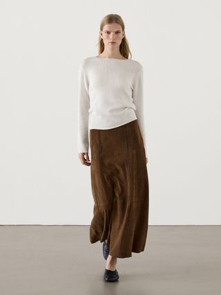 massimo dutti, Suede leather midi skirt with seam details