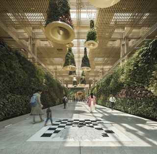 Kempegowda International Airport by SOM interior with bamboo structure and greenery