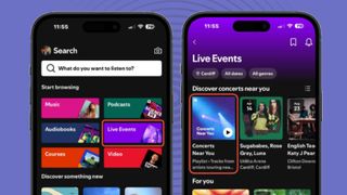 A screenshot of Spotify's search hub and Live Events feed