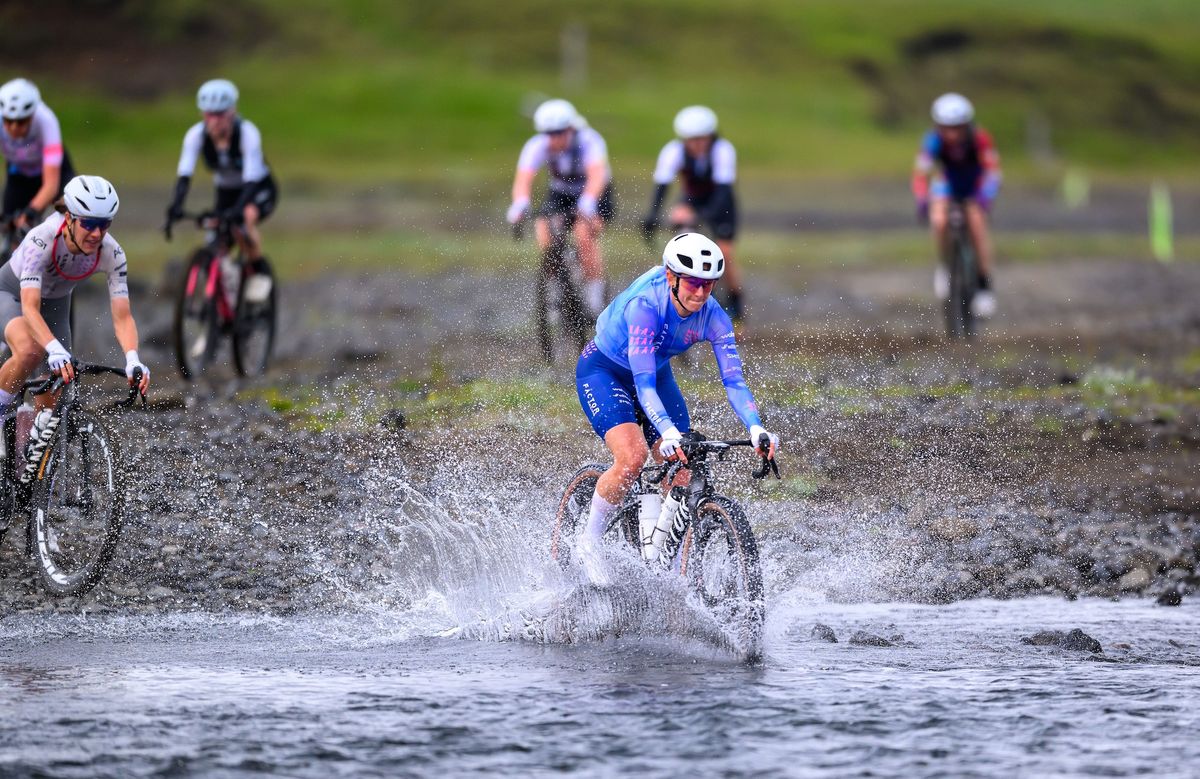 The Rift 200km pro women's winner in 2026 Haley Smith leads in water crossing ahead of 2025 winner Rosa Kl&ouml;ser