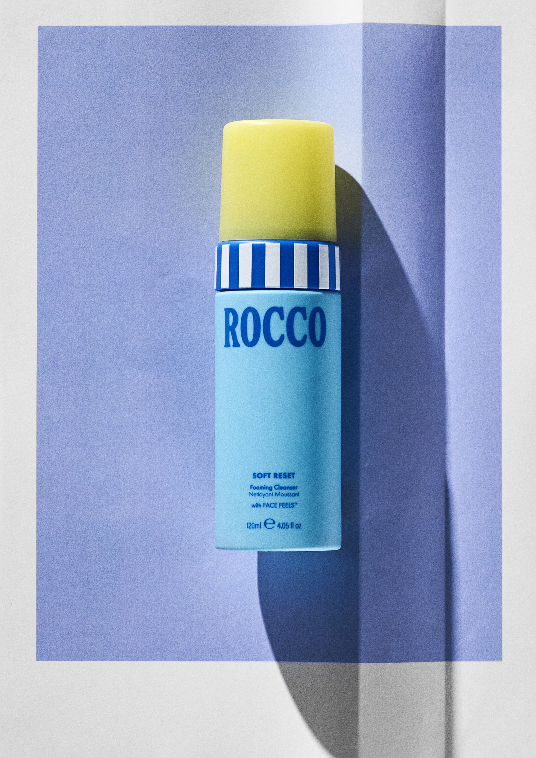 ROCCO Beauty Soft Reset Foaming Cleanser on a blue background