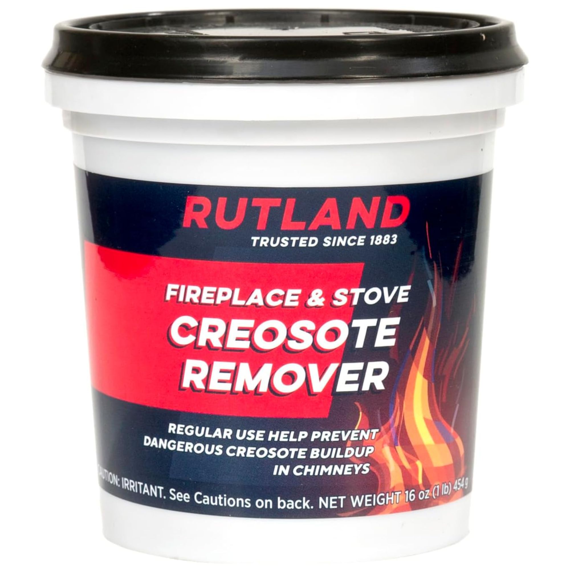 A white and black tub of Fireplace &amp;amp; Stove Creosote Remover