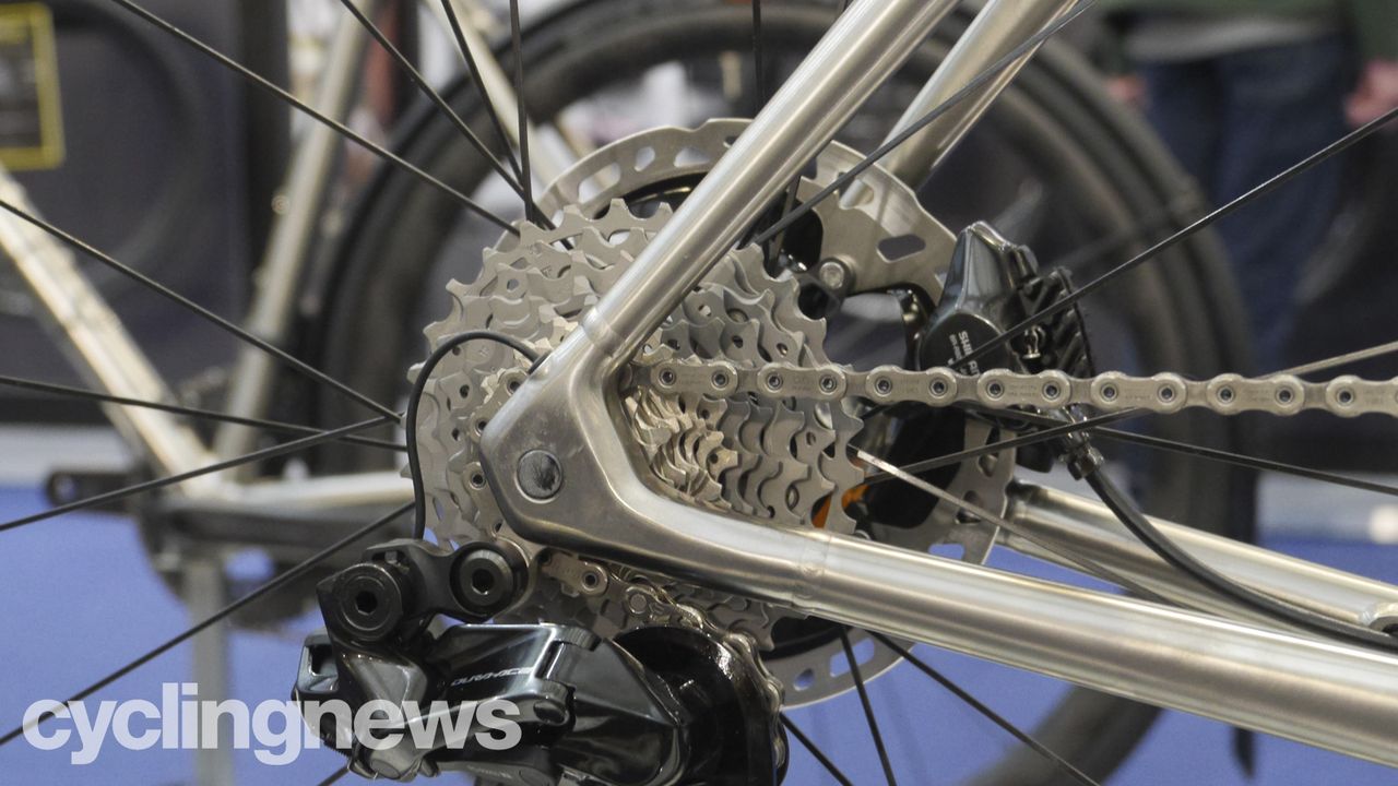 A close up of the Reilly Cycleworks Fusion titanium road bike