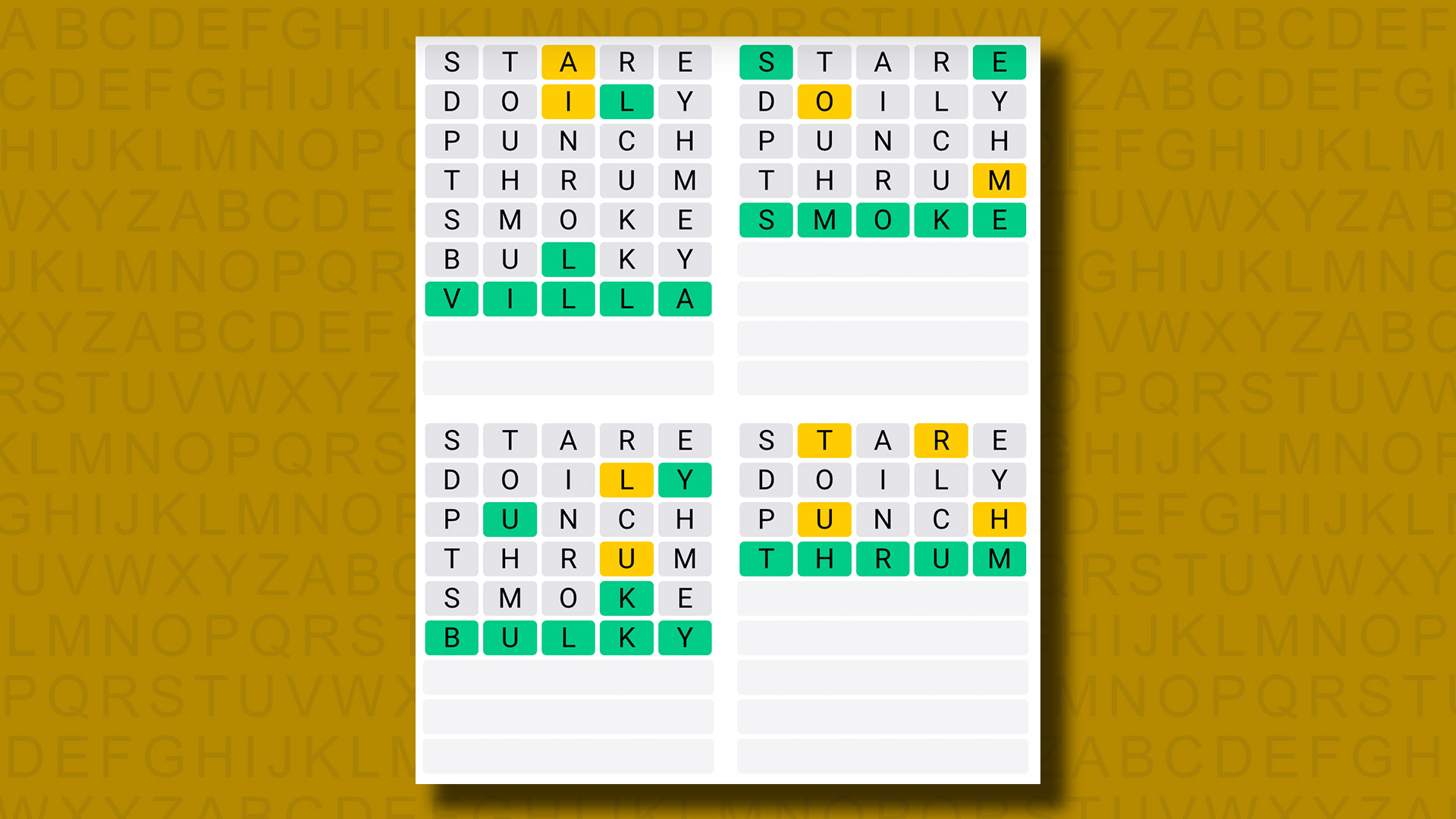 Quordle's answers for the game 965 on a yellow background