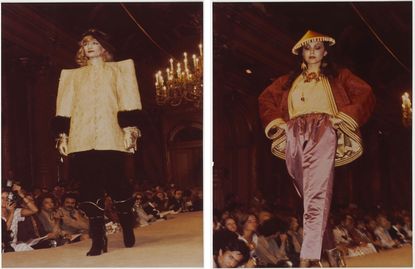 Two images of female models walking the runway 