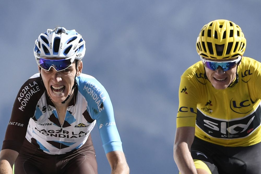 Romain Bardet and Chris Froome sprint for bonus seconds at the end of stage 18 of the Tour de France