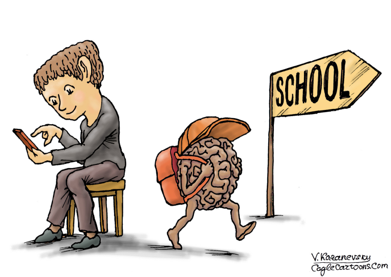 A young boy sits on a stool and scrolls on a cellphone. Meanwhile, his brain has a backpack and hat on and follows a sign that points the way back to school.