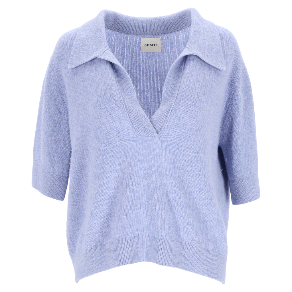 Khaite Shrunken Jo Polo Sweater in Light Blue Cashmere