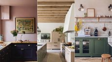 earthy pink kitchen, white and wood kitchen, neutral kitchen with dark green cabinets