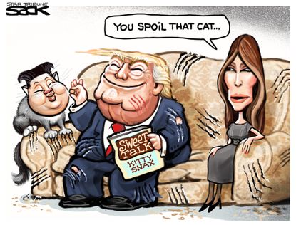 Political Cartoon U.S. Trump Melania Kim Jong Un cat North Korea