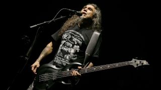 Tom Araya performs in concert with Slayer at Freeman Coliseum on August 15, 2018 in San Antonio, Texas.