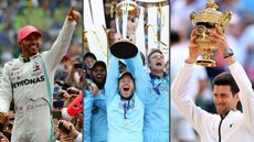 Hamilton celebrates his British GP win, Morgan lifts the Cricket World Cup and Djokovic holds the Wimbledon trophy