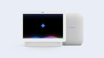 A smart display and smart speaker with the Google gemini glyph in the center of the display