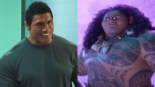 Dwayne Johnson as Mark Kerr in A24's The Smashing Machine (2025), Maui as he appeared in Moana 2.