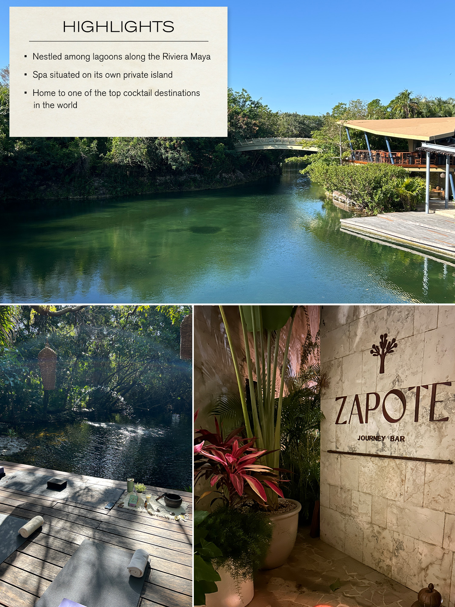 Rosewood Mayakoba lagoon, yoga class, and Zapote Bar
