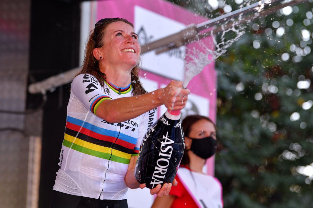 TIVOLI ITALY SEPTEMBER 14 Podium Annemiek Van Vleuten of The Netherlands and Team Mitchelton Scott World Champion Jersey Celebration Champagne during the 31st Giro dItalia Internazionale Femminile 2020 Stage 4 a 1703km stage from Assisi to Tivoli 237m GiroRosaIccrea GiroRosa on September 14 2020 in Tivoli Italy Photo by Luc ClaessenGetty Images