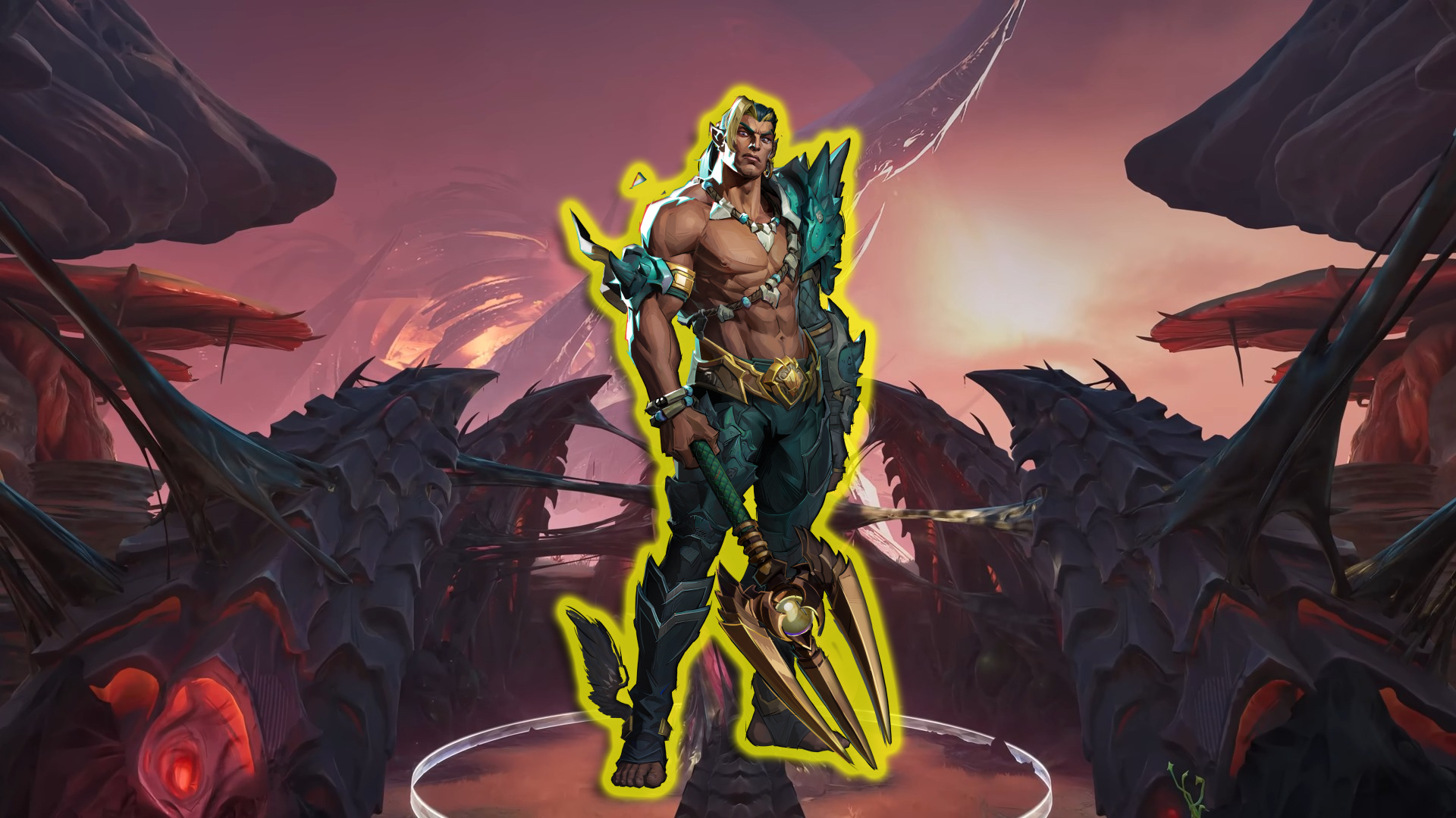 Namor poses against a red planet backdrop littered with black, sticky rocks and mountains