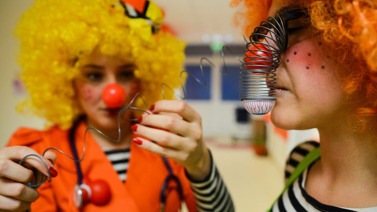 Two medical clowns at a hospital in Sofia, Bulgaria