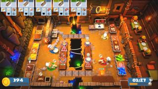 A screenshot of a level in Overcooked 2, with players managing a service
