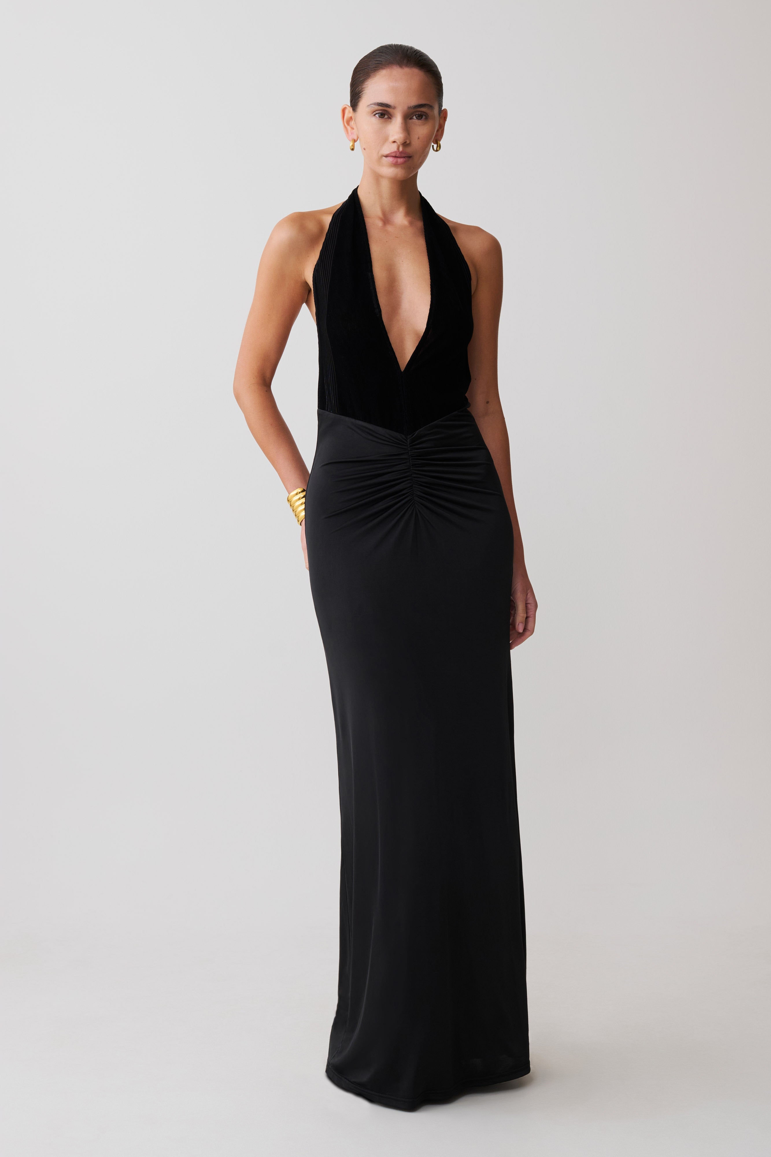 Vestido Midi Lien Mesh Velvet Plunge - Preto