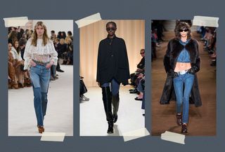 A collage of runway images featuring denim trends from the fall/winter 2024 collections.