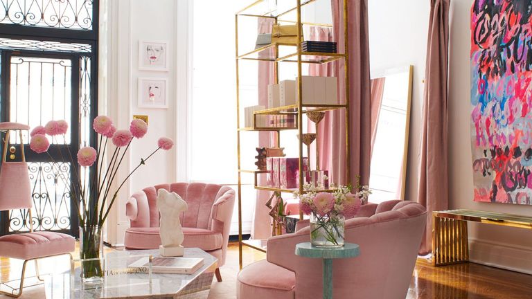 Room, Interior design, Pink, Living room, Curtain, Furniture, Table, Home, Window treatment, Houseplant,