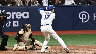 Shohei Ohtani #17 of Los Angeles Dodgers at bat during the 2024 Seoul Series game between Los Angeles Dodgers and San Diego Padres at Gocheok Sky Dome on March 21, 2024 in Seoul, South Korea.