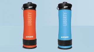 Lifesaver Liberty water purifier bottle on blue background