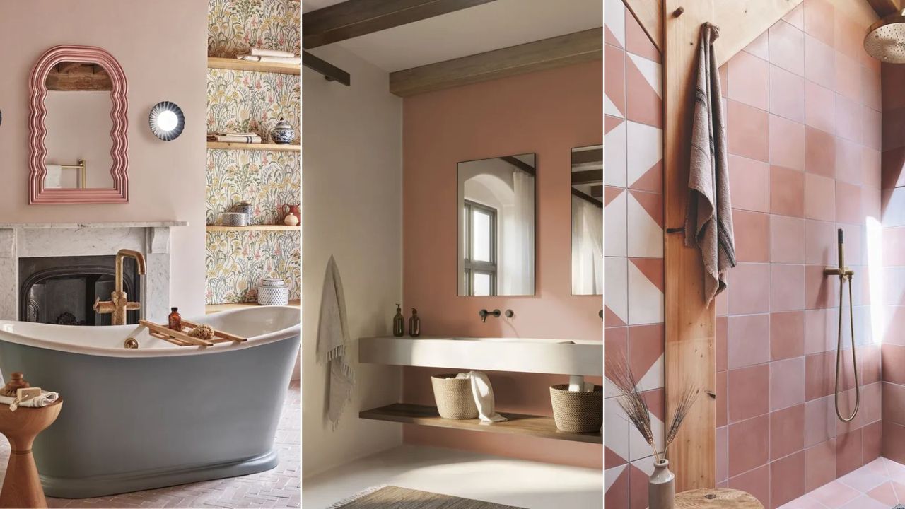 pale pink bathroom with roll-top bath, eathy pink modern bathroom, pink tiled shower