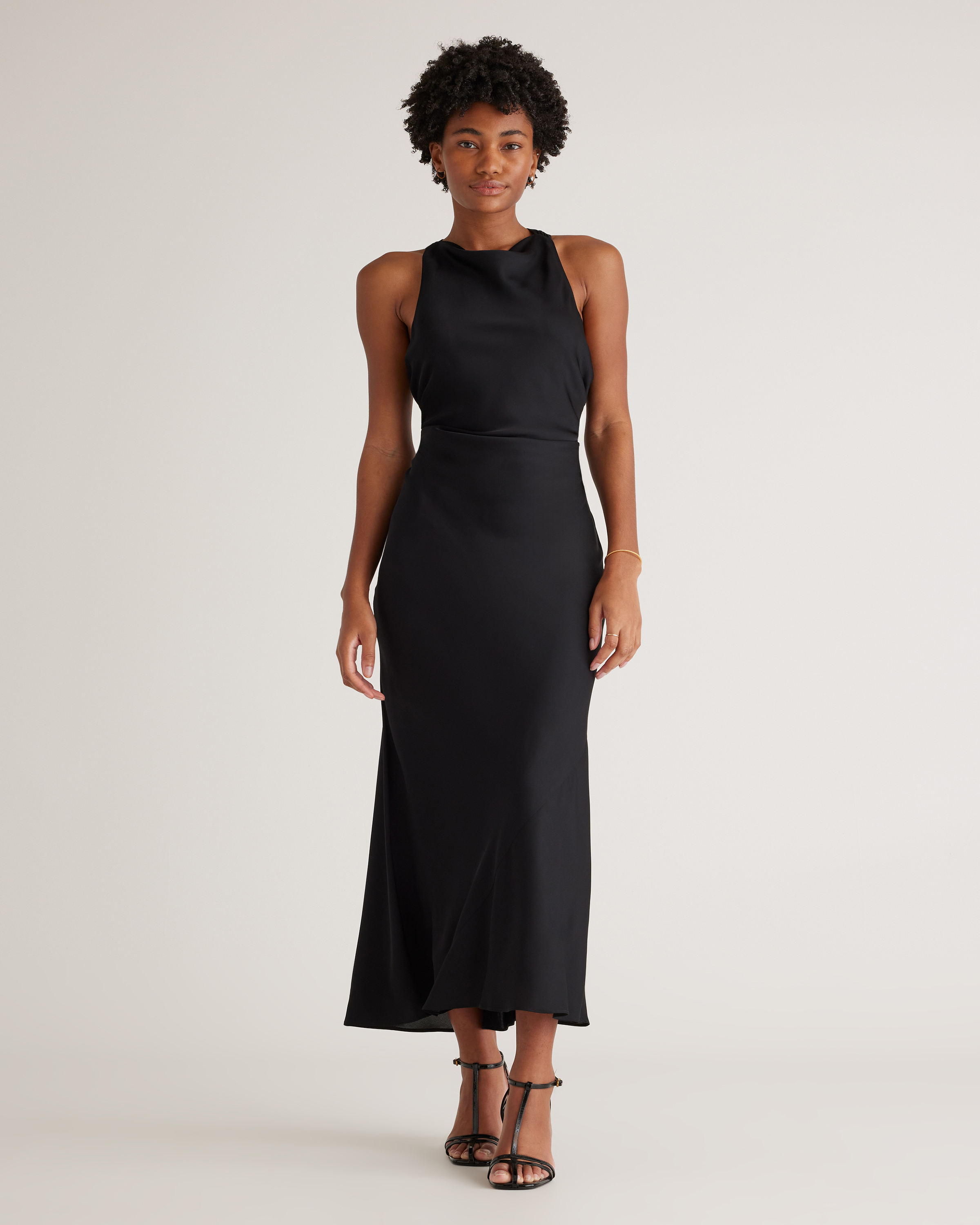 Washable Stretch Silk High Neck Midi Dress in Black