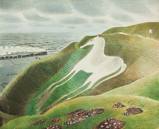 Illustration artwork by ‘Ravilious in Pictures, view of landscape, green grass and hills, close up of large white Westbury horse painted on hillside, blue cloudy sky, steam train puffing smoke in the distance