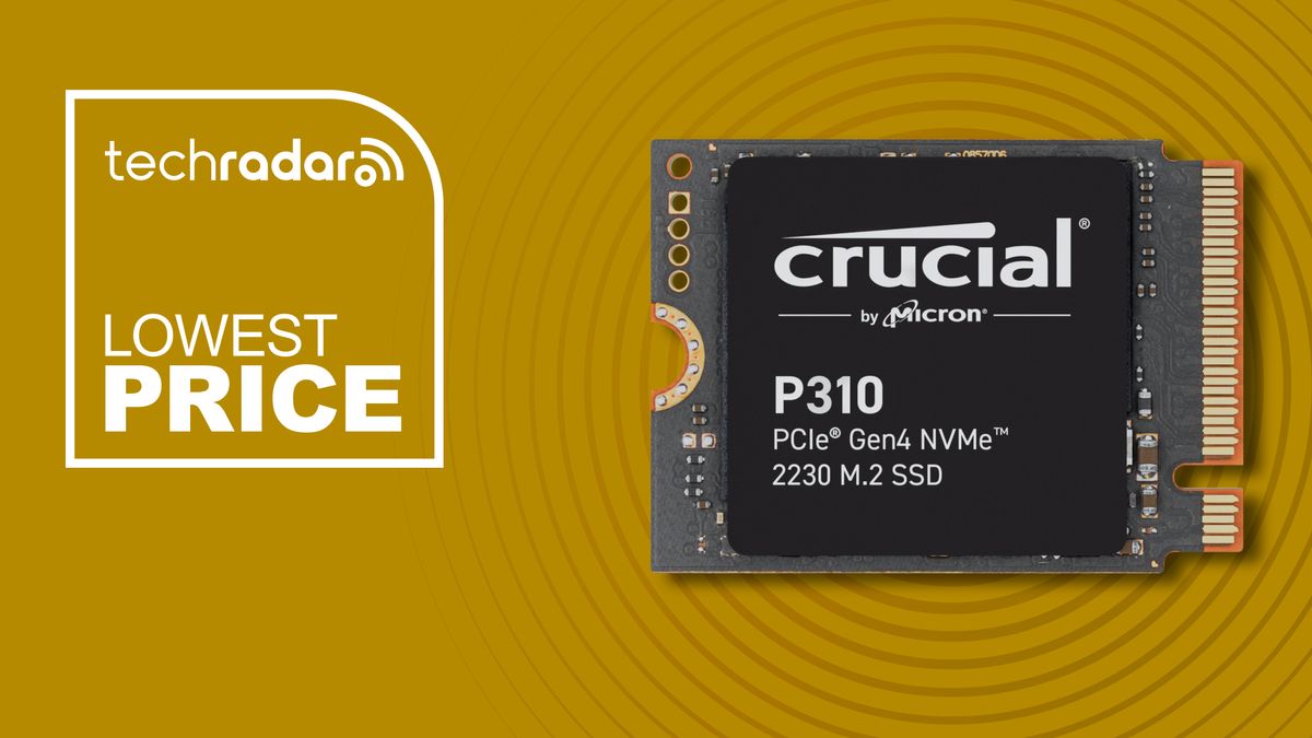 Crucial P310 2230 SSD against a yellow TechRadar deals background