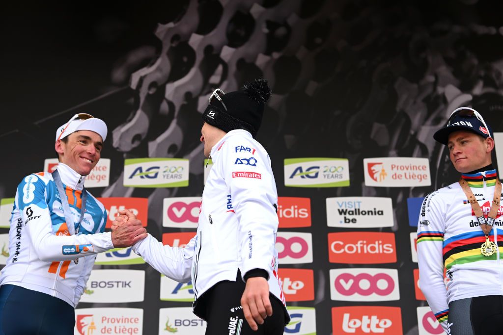 2024 Liège-Bastogne-Liège: runner-up Romain Bardet congratulates Tadej Pogačar on his victory