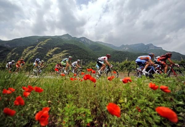 Riders make their way from Verona to Alpe di Pampeago during stage 14 of the 2008 Giro.