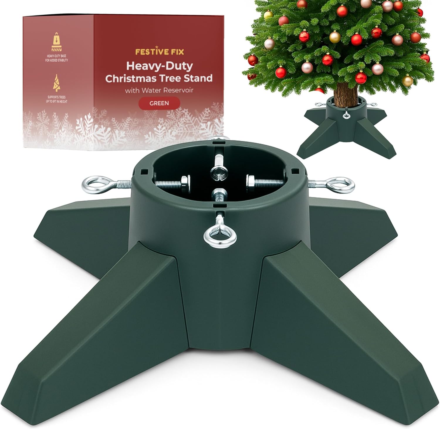Festive Fix Christmas Tree Stand &amp;ndash; Heavy-Duty 6ft Holder With Water Reservoir, Stable Base for Real Trees, Quick Assembly With Metal Bolts