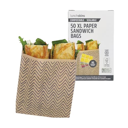 Lunchskins Compostable Food Storage Xl Sandwich Bags, Chevron Design, 50 Bags - Eco-Friendly, Recyclable, Made Without Pfas and Bpa