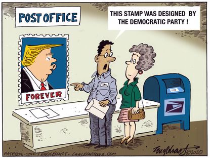 Political Cartoon U.S. Trump Democratic Party stamp 2020 election