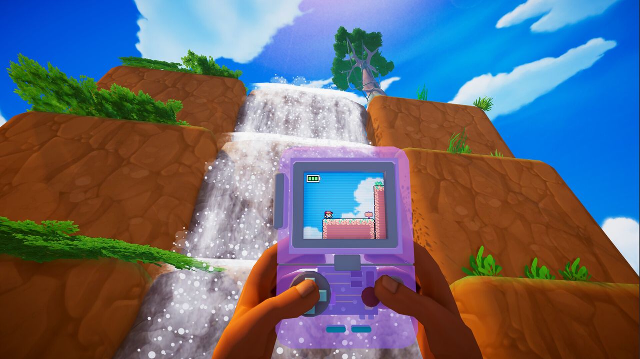 Screenbound gameplay with game boy held up to screen showing 2d platformer in foreground, 3d in background