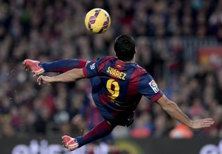 Luis Suarez scores a spectacular goal for Barcelona against Levante in February 2015.