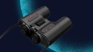 Unistellar Envision Smart Binoculars, black on a background of a blue planet