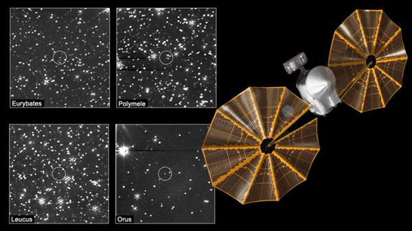 (Izquierda) Algunos de los objetivos troyanos de LUCY (Euribates, Polymede, Leucus y Orus) vistos desde la nave espacial.  (Derecha) Ilustración de Lucy.