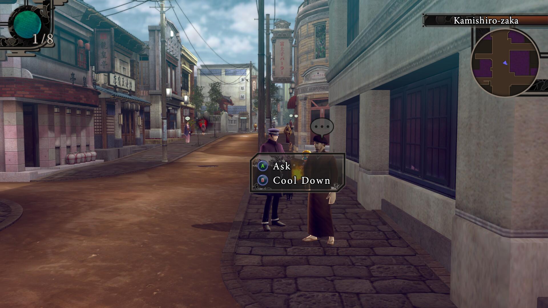 Talking to an NPC in Raidou Remastered: The Mystery of the Soulless Army with the option to Cool Down