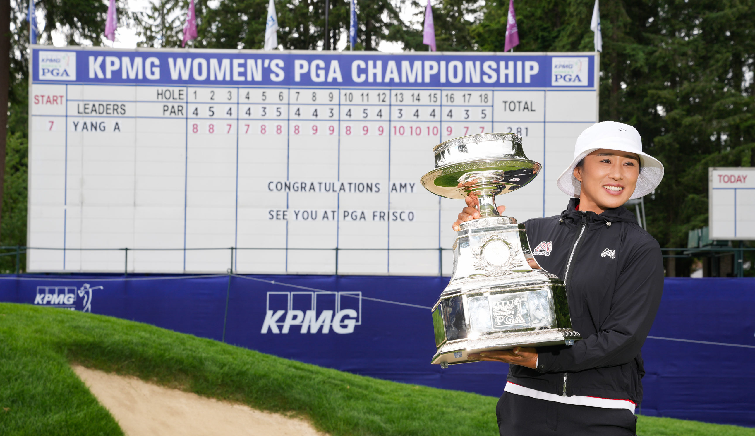 Amy Yang holds the KPMG Women&#039;s PGA Championship trophy