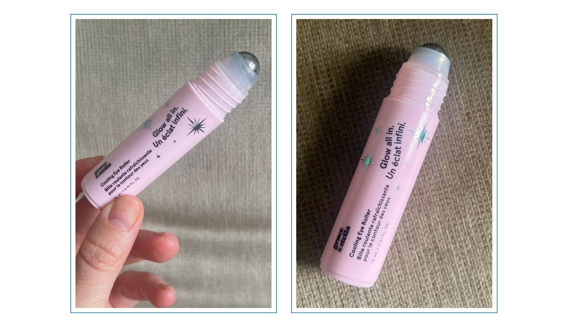 A hand holding grace and stella cooling eye rollerball next to an image of the pink rollerball on a green backdrop