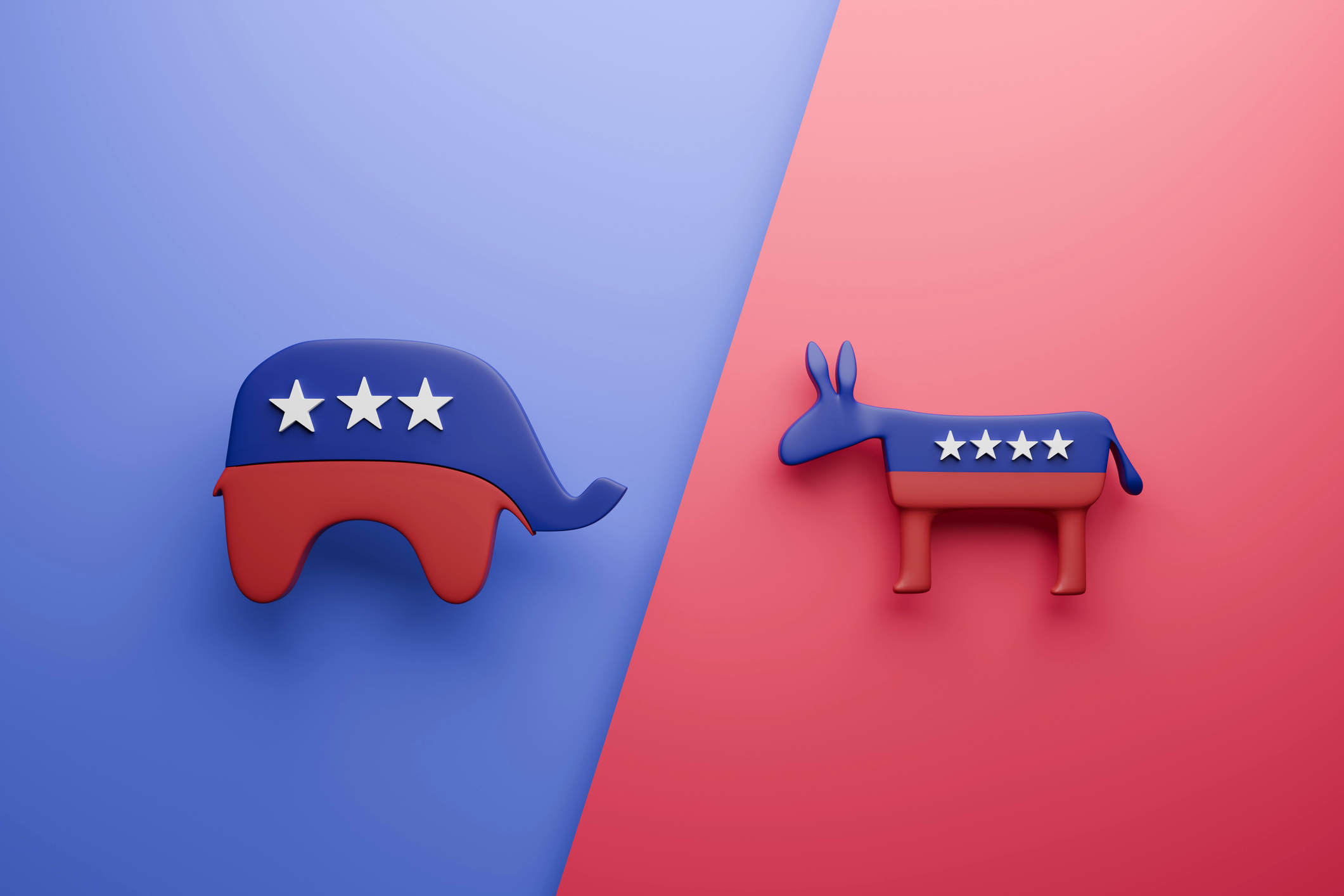 Animated version of the Democratic Party donkey vs. the Republican Party elephant on a blue and red background.